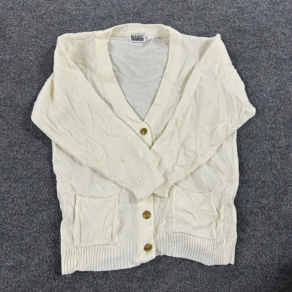 Basic Editions Cardigan Womens Size L Cream Knit V-Neck Gold Button Pocket Flaw